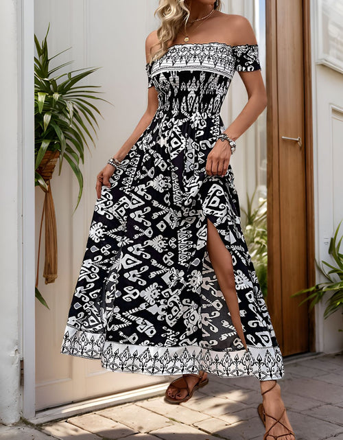 Load image into Gallery viewer, Perfee Slit Printed Off-Shoulder Dress
