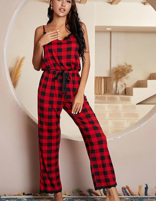 Load image into Gallery viewer, Plaid Lace Trim Spaghetti Strap Jumpsuit
