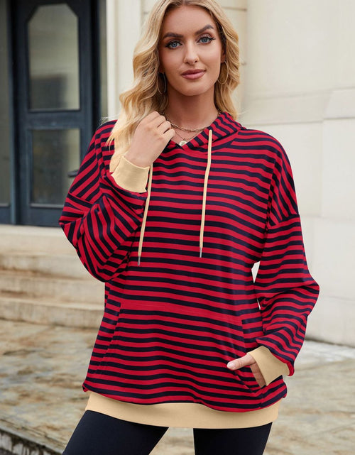 Load image into Gallery viewer, Drawstring Contrast Striped Long Sleeve Hoodie
