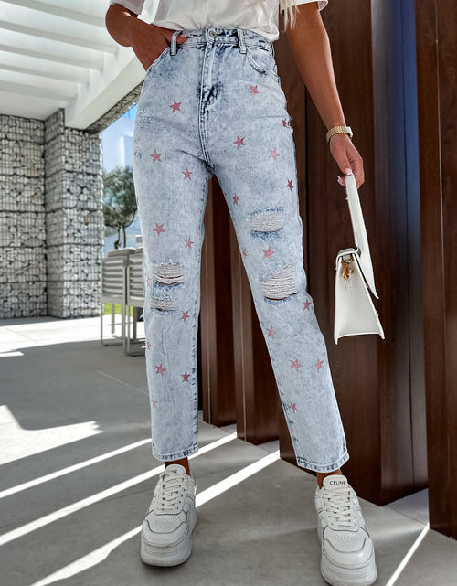 Load image into Gallery viewer, Distressed Star Straight Jeans with Pockets
