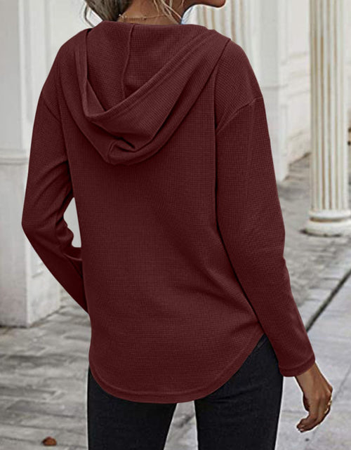 Load image into Gallery viewer, Drawstring Waffle Knit Long Sleeve Hooded Top
