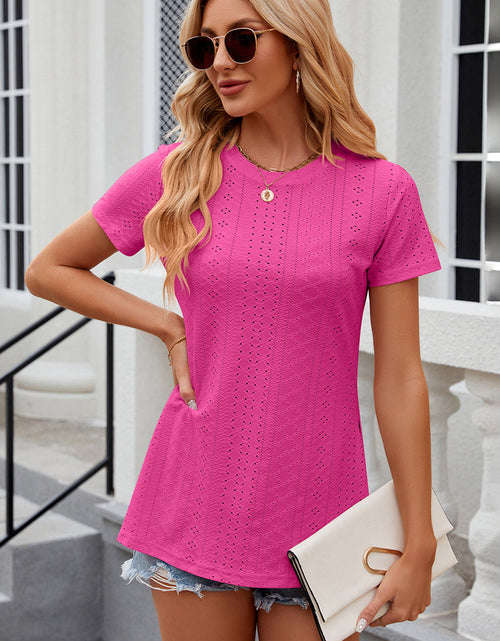 Load image into Gallery viewer, Eyelet Slit Round Neck Short Sleeve T-Shirt
