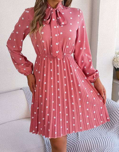 Load image into Gallery viewer, Polka Dot Tie Neck Pleated Dress

