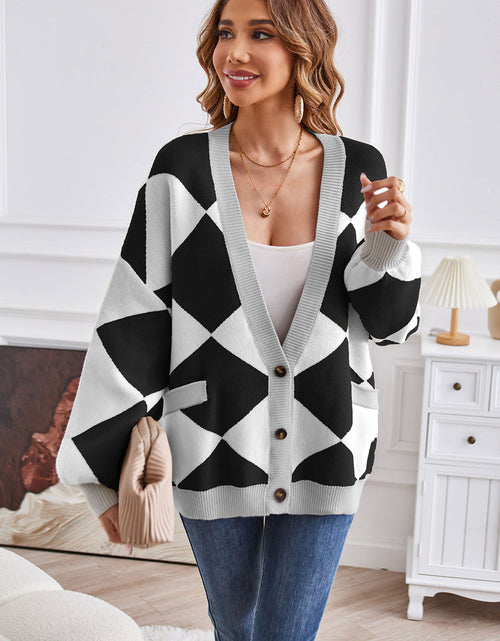 Load image into Gallery viewer, Geometric Lantern Sleeve Cardigan with Pockets
