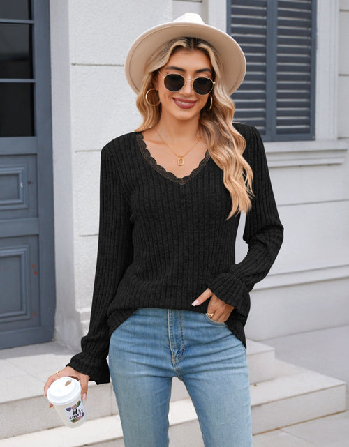 Load image into Gallery viewer, Lace Detail V-Neck Long Sleeve T-Shirt
