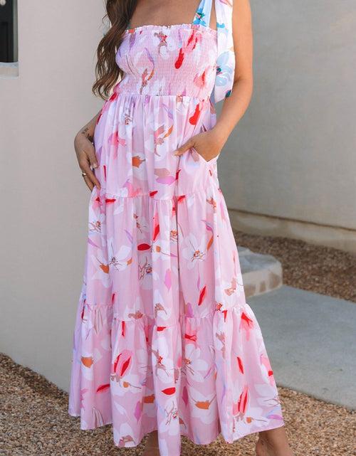 Load image into Gallery viewer, Floral Print Knotted Shoulder Smocked Maxi Dress
