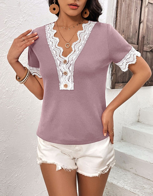 Load image into Gallery viewer, Ivy Lane Lace Detail V-Neck Short Sleeve T-Shirt
