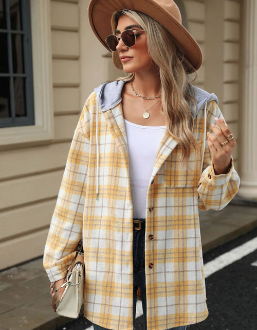 Load image into Gallery viewer, Drawstring Plaid Button Up Hooded Jacket
