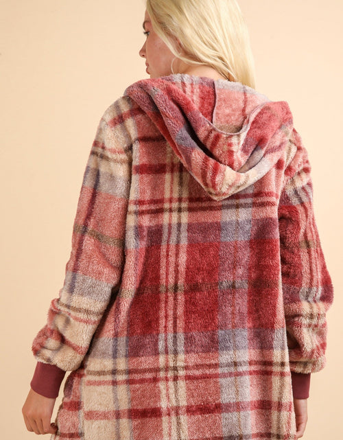 Load image into Gallery viewer, VERY J Fuzzy Plaid Long Sleeve Hooded Jacket

