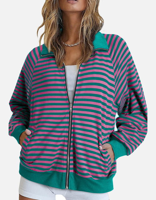 Load image into Gallery viewer, Striped Zip Up Long Sleeve Sweatshirt
