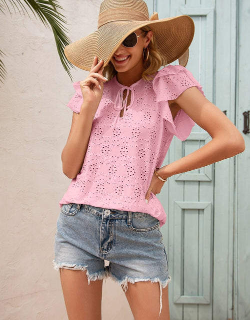 Load image into Gallery viewer, Ivy Lane Eyelet Tie Neck Flutter Sleeve Blouse
