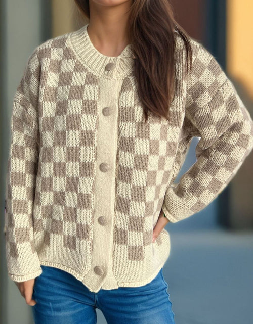 Load image into Gallery viewer, Checkered Button Up Round Neck Cardigan
