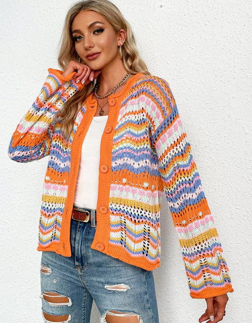 Load image into Gallery viewer, Chevron Stripes Openwork Cardigan
