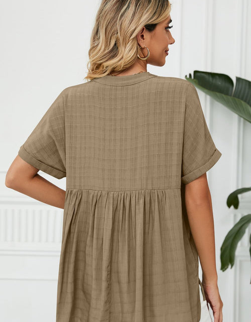 Load image into Gallery viewer, Side Slit Notched Neck Cuffed Short Sleeve Blouse
