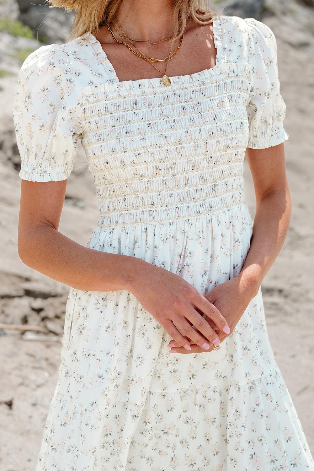 Frilly Shirred Bodice Tiered Floral Maxi Dress by Poppy Lee Lane