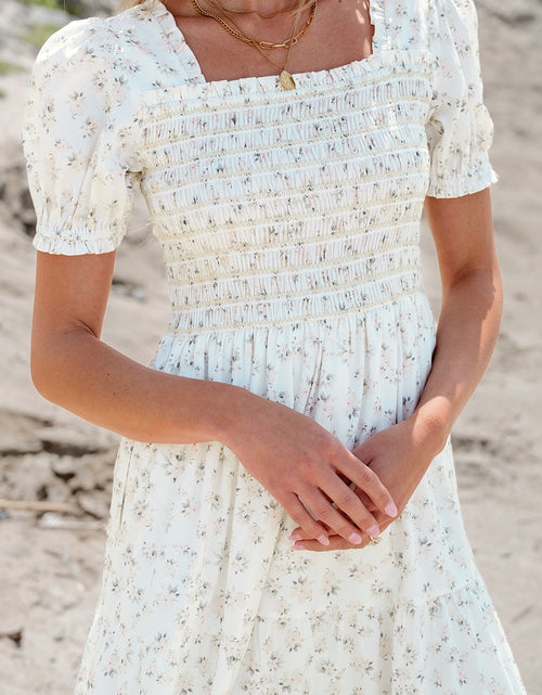 Load image into Gallery viewer, Robin Frilly Shirred Bodice Tiered Floral Maxi Dress by Threaded Pear
