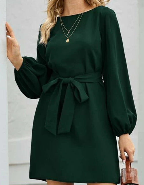 Load image into Gallery viewer, Tied Boat Neck Balloon Sleeve Mini Dress
