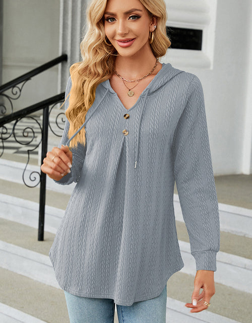 Load image into Gallery viewer, Decorative Button Drawstring Long Sleeve Hoodie

