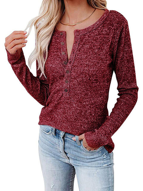 Load image into Gallery viewer, Round Neck Buttoned Long Sleeve T-Shirt
