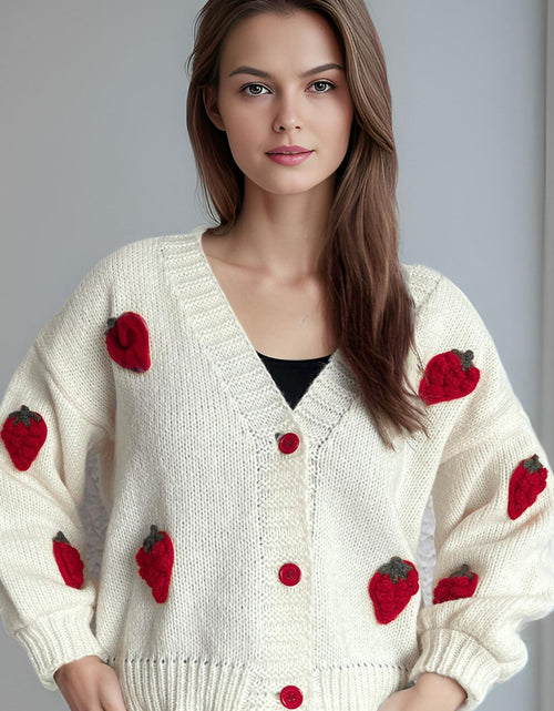 Load image into Gallery viewer, Crochet Strawberry V-Neck Long Sleeve Cardigan
