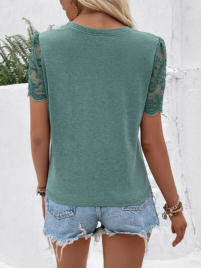 Load image into Gallery viewer, Lace Detail Short Sleeve Round Neck T-Shirt
