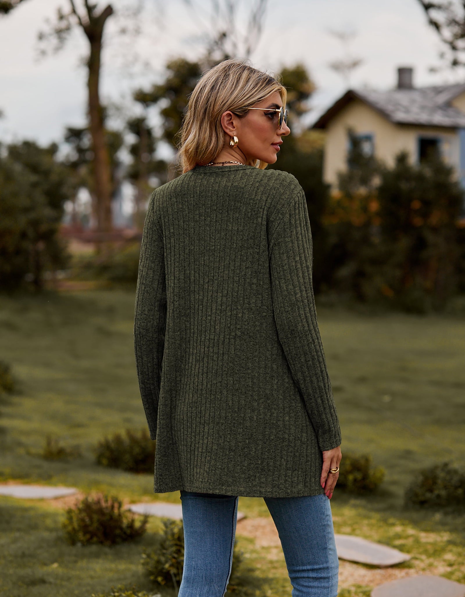 Ribbed Button-Up Cardigan with Pockets