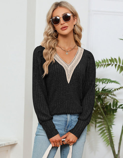 Load image into Gallery viewer, Lace Detail V-Neck Ribbed Blouse
