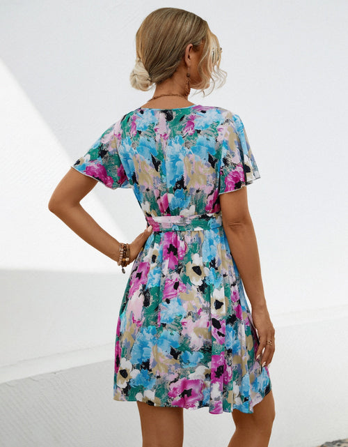 Load image into Gallery viewer, Printed Surplice Tie Waist Mini Dress
