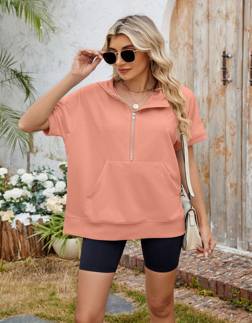 Load image into Gallery viewer, Half Zip Short Sleeve Hooded Top
