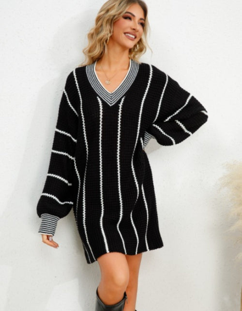 Load image into Gallery viewer, Striped V-Neck Long Sleeve Mini Dress
