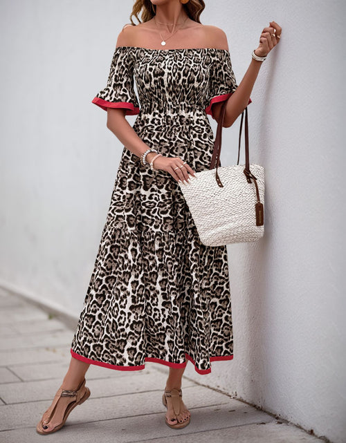 Load image into Gallery viewer, Perfee Leopard Off-Shoulder Flounce Sleeve Midi Dress
