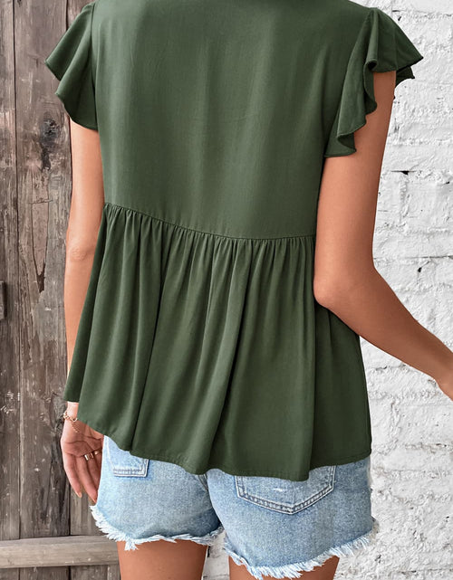Load image into Gallery viewer, Perfee Buttoned Tie Neck Flutter Sleeve Babydoll Top
