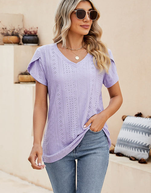 Load image into Gallery viewer, Eyelet Petal Sleeve V-Neck Knit Top

