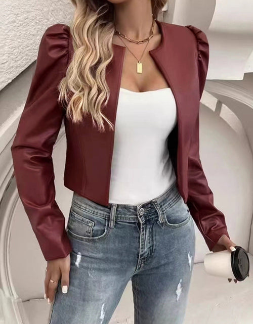 Load image into Gallery viewer, PU Leather Open Front Puff Sleeve Jacket
