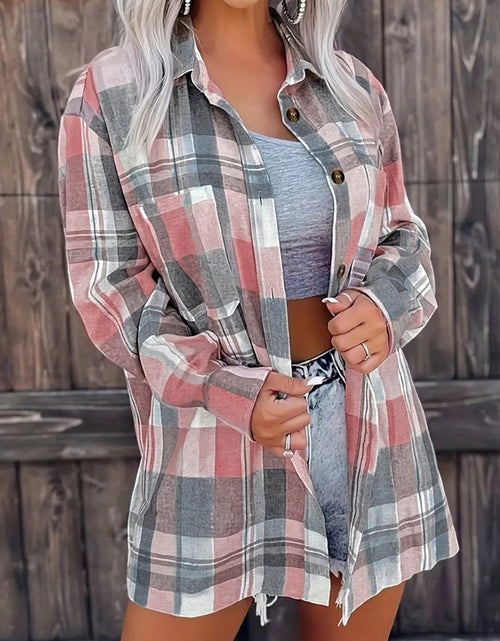 Load image into Gallery viewer, Pocketed Plaid Collared Neck Shacket
