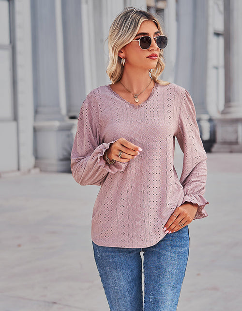 Load image into Gallery viewer, Eyelet V-Neck Flounce Sleeve Blouse
