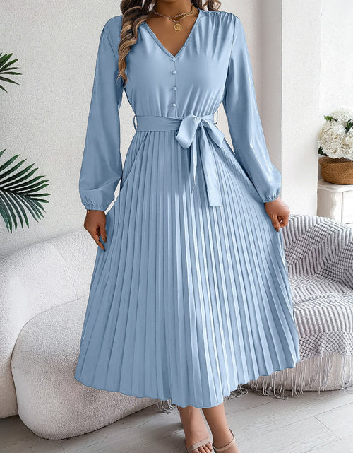 Load image into Gallery viewer, Pleated Tied V-Neck Long Sleeve Dress
