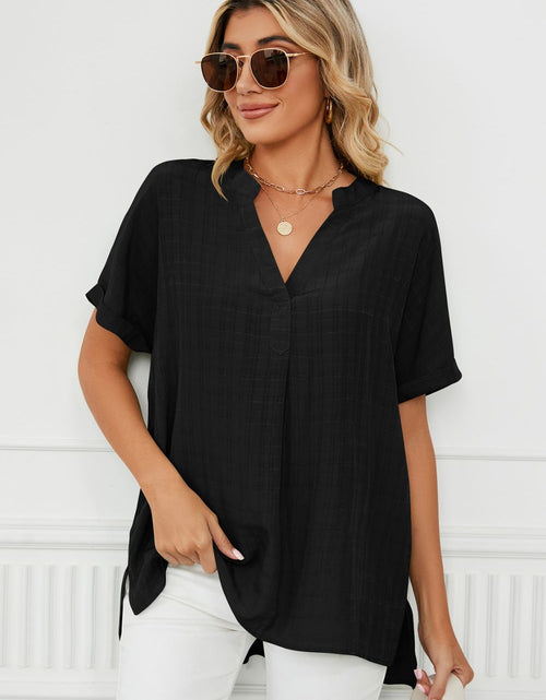 Load image into Gallery viewer, Side Slit Notched Neck Cuffed Short Sleeve Blouse
