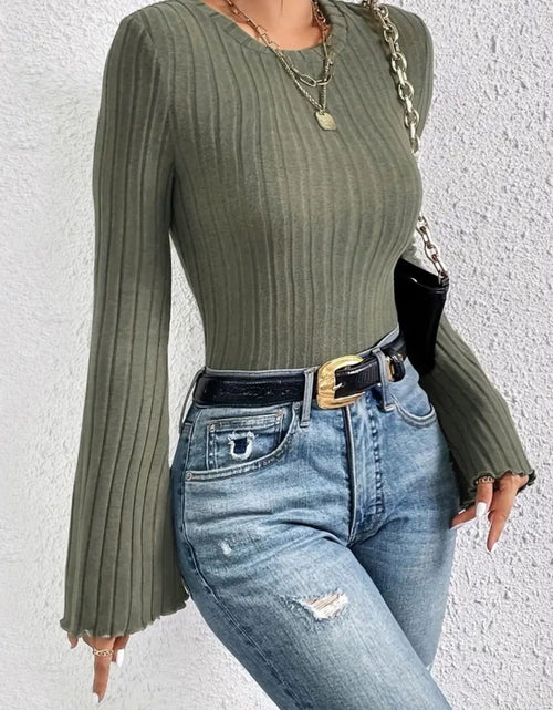 Load image into Gallery viewer, Ribbed Round Neck Flare Sleeve T-Shirt
