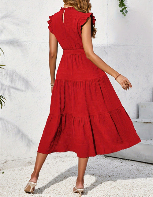 Load image into Gallery viewer, Frill Mock Neck Ruffled Cap Sleeve Midi Dress
