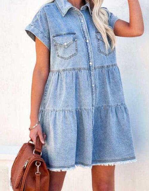 Load image into Gallery viewer, Raw Hem Button Down Denim Mini Dress
