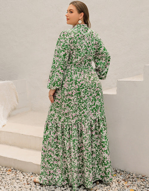 Load image into Gallery viewer, Plus Size Printed Notched Long Sleeve Maxi Dress
