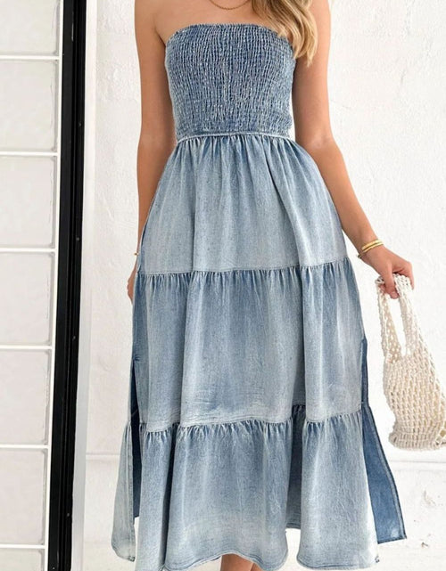 Load image into Gallery viewer, Smocked Tube Slit Tiered Denim Dress
