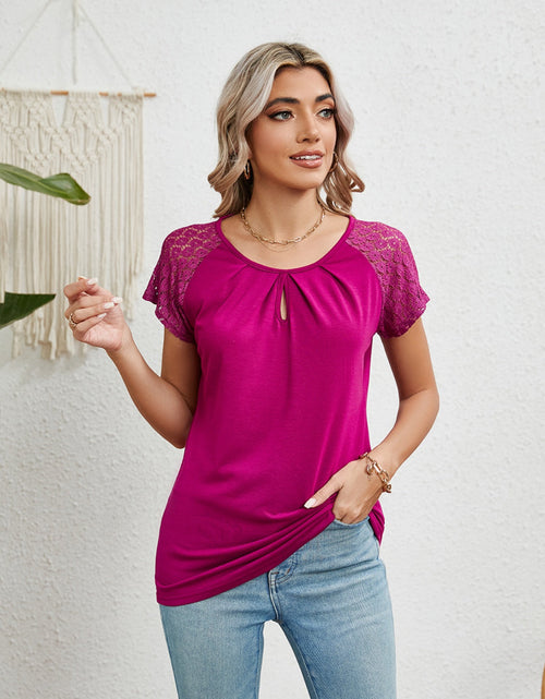 Load image into Gallery viewer, Lace Detail Round Neck Short Sleeve T-Shirt
