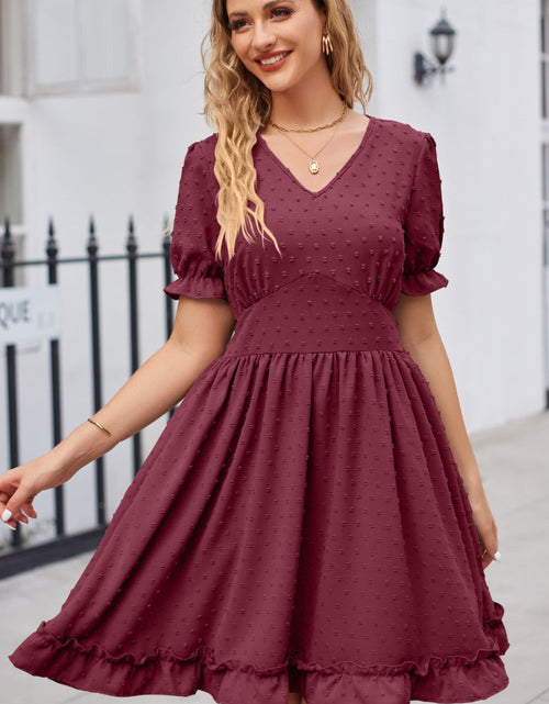 Load image into Gallery viewer, Swiss Dot Frill Trim Flounce Sleeve V-Neck Dress
