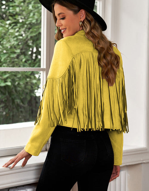 Load image into Gallery viewer, Fringe Trim Lapel Collar Cropped Blazer
