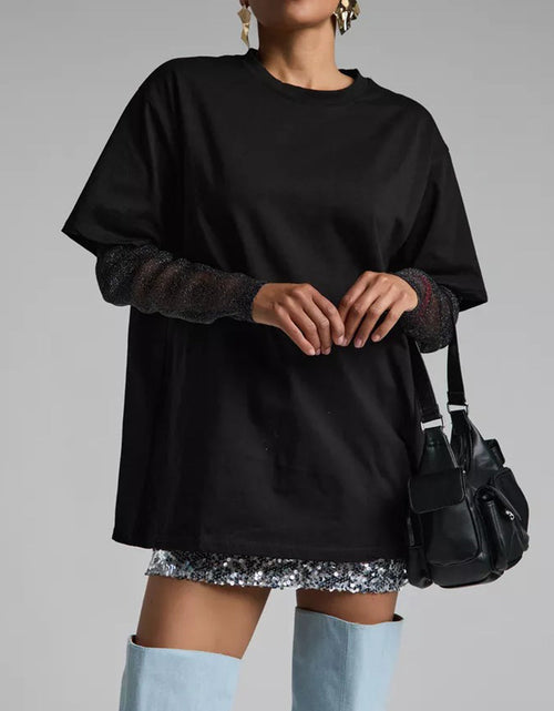 Load image into Gallery viewer, Faux Layered Round Neck Mesh Sleeve Top
