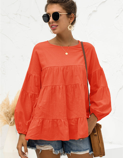 Load image into Gallery viewer, Round Neck Bubble Sleeve Tiered Blouse
