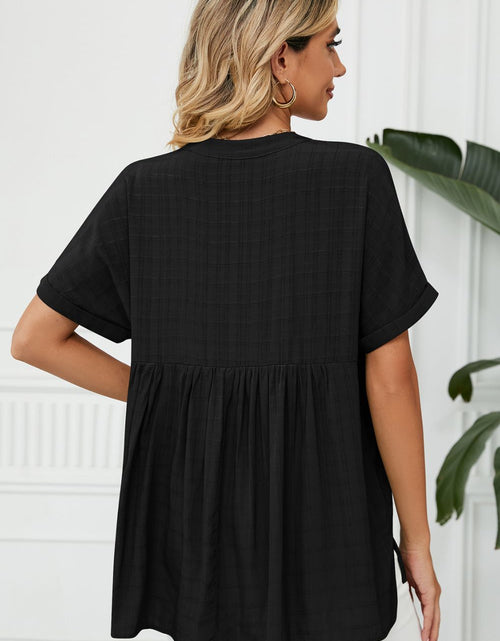 Load image into Gallery viewer, Side Slit Notched Neck Cuffed Short Sleeve Blouse

