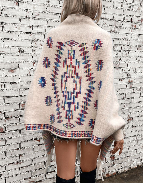 Load image into Gallery viewer, Fringe Geometric Open Front Long Sleeve Cape
